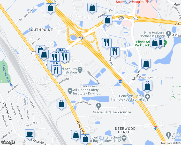 map of restaurants, bars, coffee shops, grocery stores, and more near 8205 White Falls Boulevard in Jacksonville