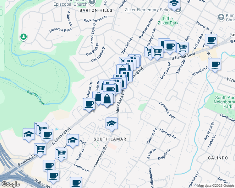 map of restaurants, bars, coffee shops, grocery stores, and more near 2903 Barton Skyway in Austin