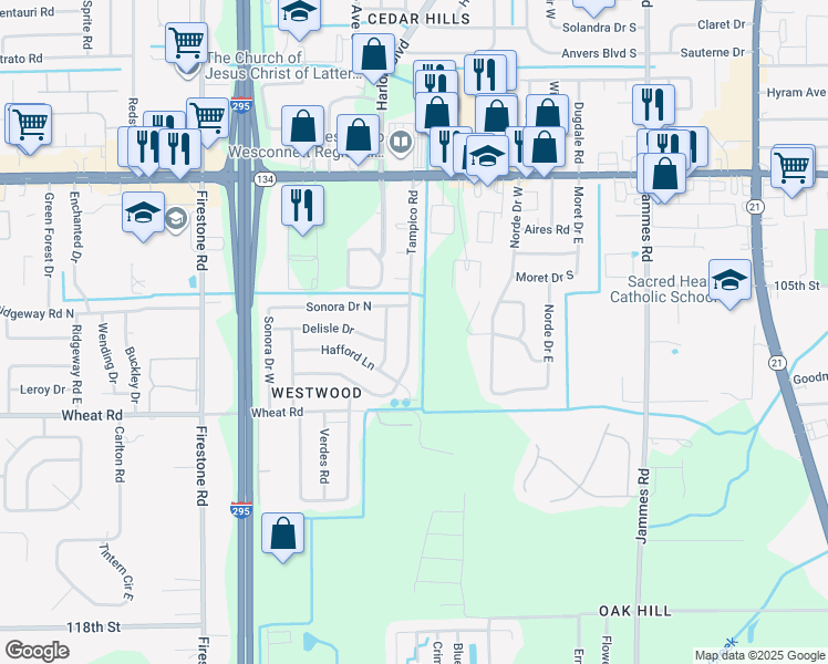 map of restaurants, bars, coffee shops, grocery stores, and more near 5823 Tampico Road in Jacksonville