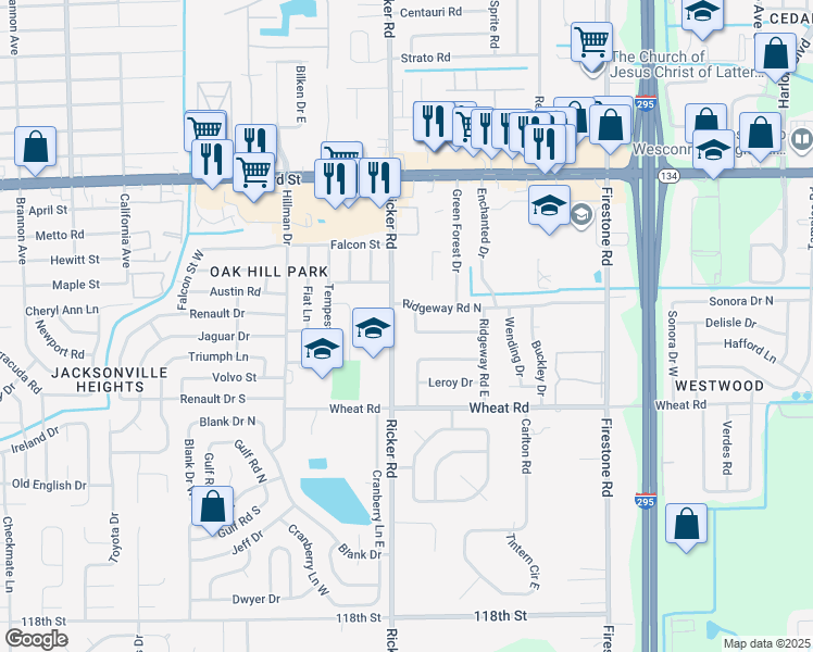 map of restaurants, bars, coffee shops, grocery stores, and more near 5824 Legrande Street South in Jacksonville