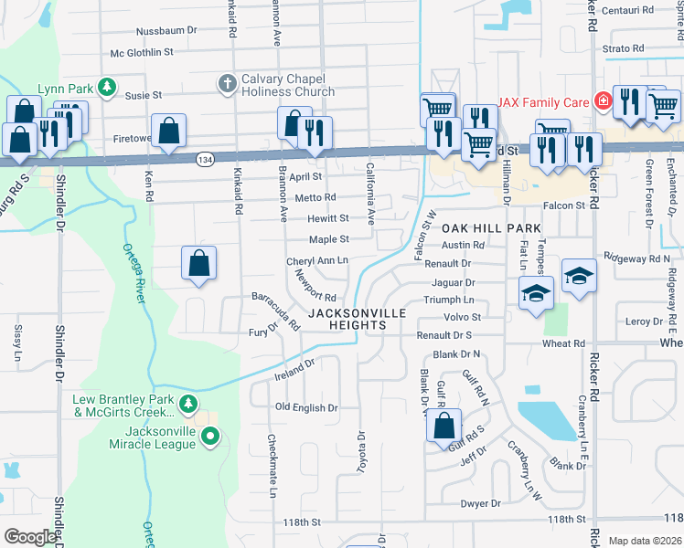 map of restaurants, bars, coffee shops, grocery stores, and more near 8157 Galaxie Drive in Jacksonville
