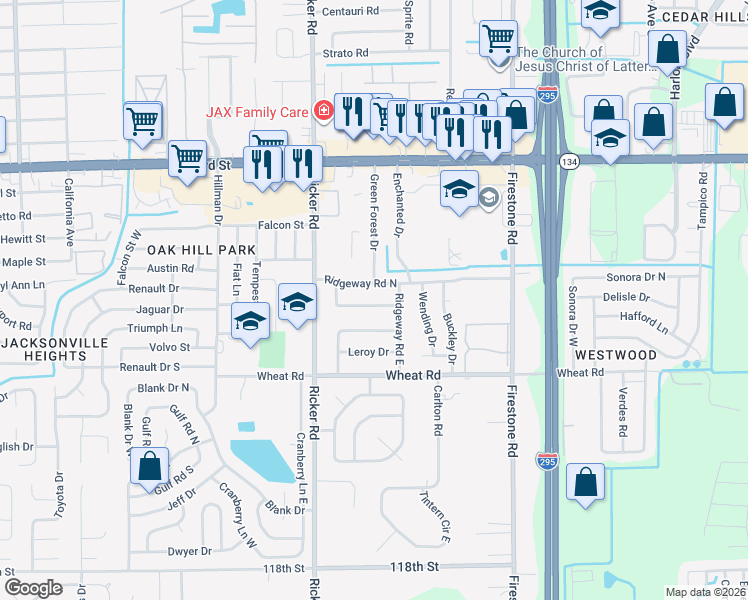map of restaurants, bars, coffee shops, grocery stores, and more near 7439 Legrande Street South in Jacksonville