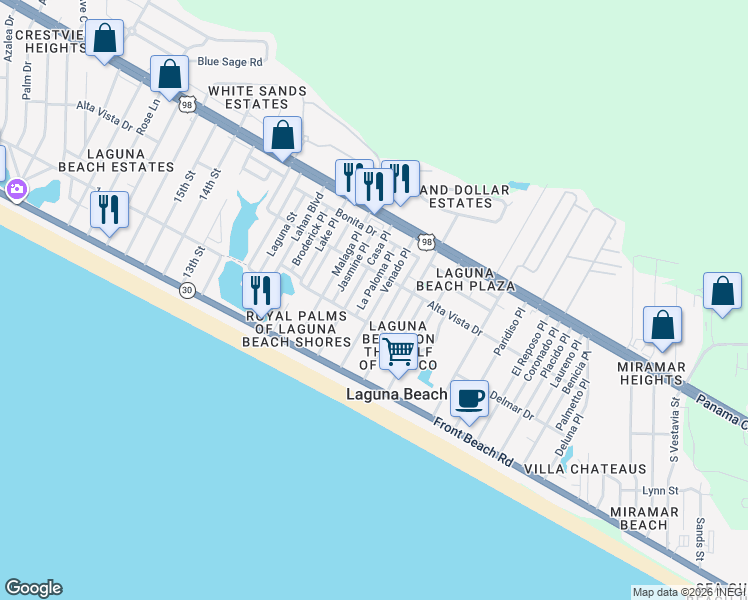 map of restaurants, bars, coffee shops, grocery stores, and more near 213 Venado Place in Panama City Beach
