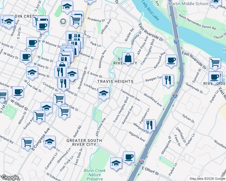 map of restaurants, bars, coffee shops, grocery stores, and more near 1800 Alameda Drive in Austin