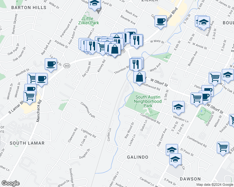 map of restaurants, bars, coffee shops, grocery stores, and more near 2413 Thornton Road in Austin