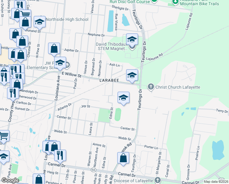 map of restaurants, bars, coffee shops, grocery stores, and more near 1408 East Willow Street in Lafayette