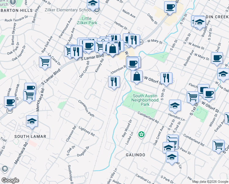 map of restaurants, bars, coffee shops, grocery stores, and more near 2413 Thornton Road in Austin