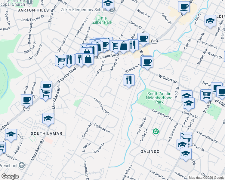 map of restaurants, bars, coffee shops, grocery stores, and more near 2829 Kinney Oaks Court in Austin