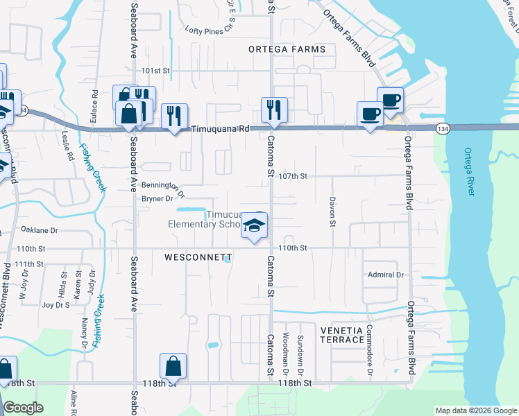 map of restaurants, bars, coffee shops, grocery stores, and more near 5416 Rosedale Lane in Jacksonville