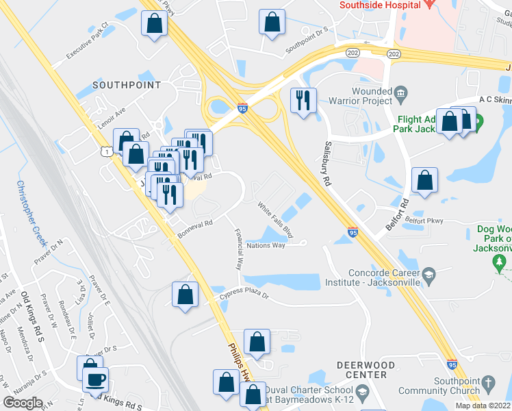 map of restaurants, bars, coffee shops, grocery stores, and more near 8200 White Falls Boulevard in Jacksonville