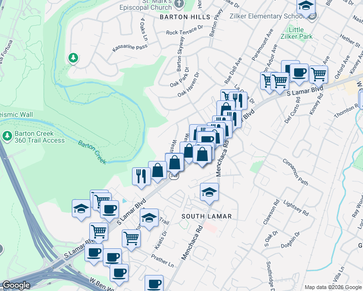 map of restaurants, bars, coffee shops, grocery stores, and more near 2315 Westoak Drive in Austin