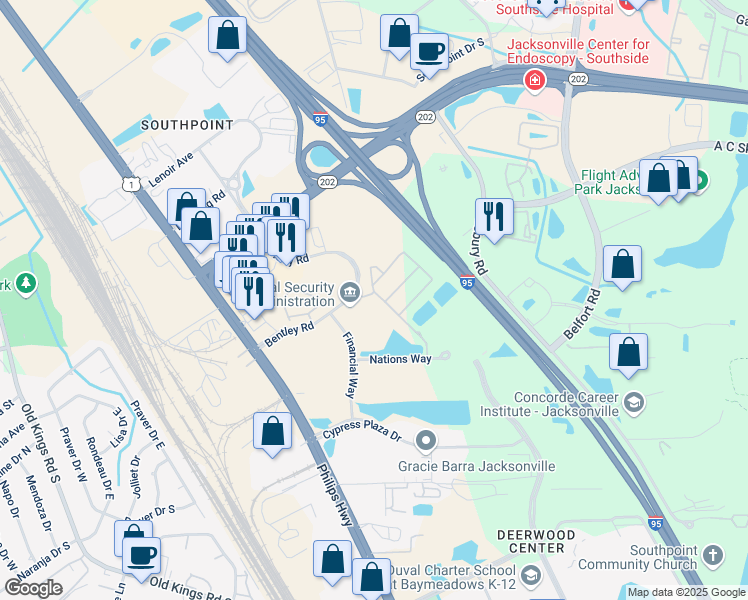 map of restaurants, bars, coffee shops, grocery stores, and more near 8200 White Falls Boulevard in Jacksonville