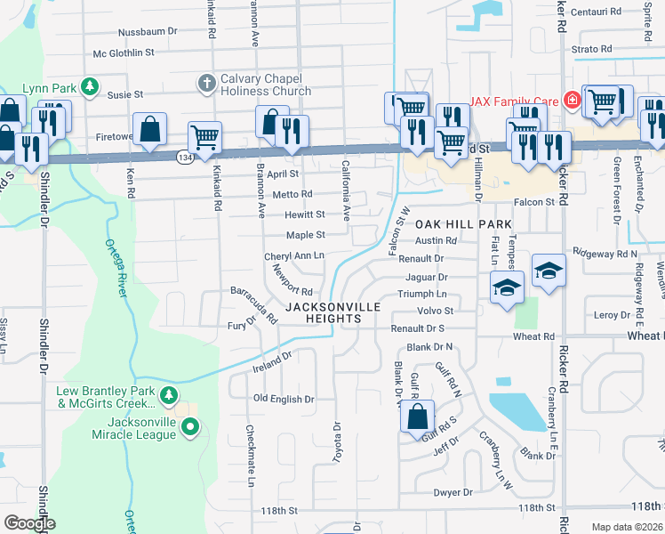 map of restaurants, bars, coffee shops, grocery stores, and more near 8157 Galaxie Drive in Jacksonville
