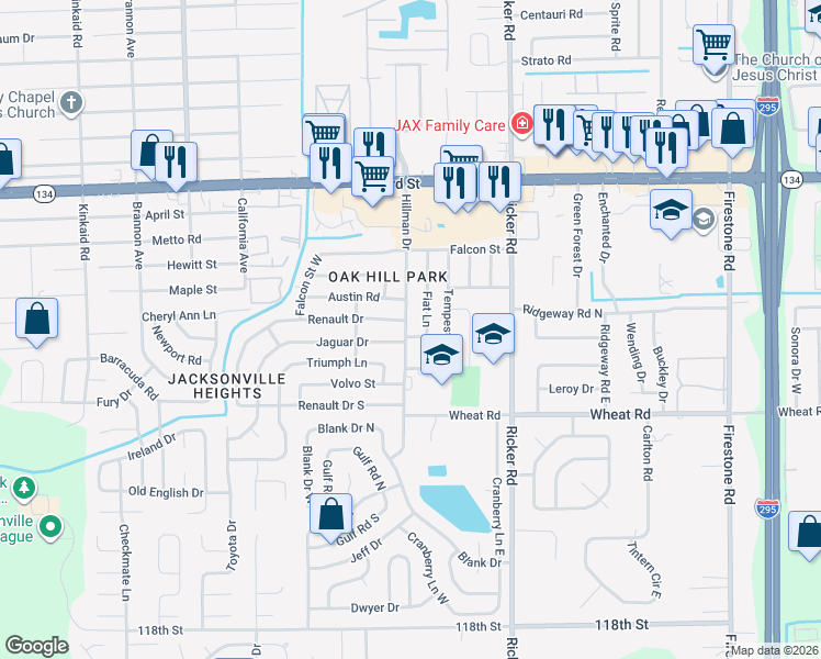 map of restaurants, bars, coffee shops, grocery stores, and more near 5745 Hillman Drive in Jacksonville