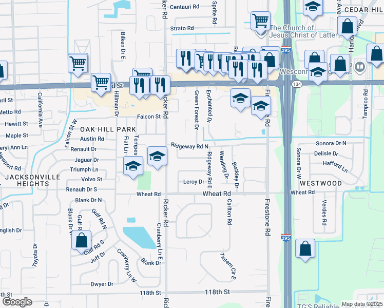 map of restaurants, bars, coffee shops, grocery stores, and more near 7503 Legrande Street South in Jacksonville
