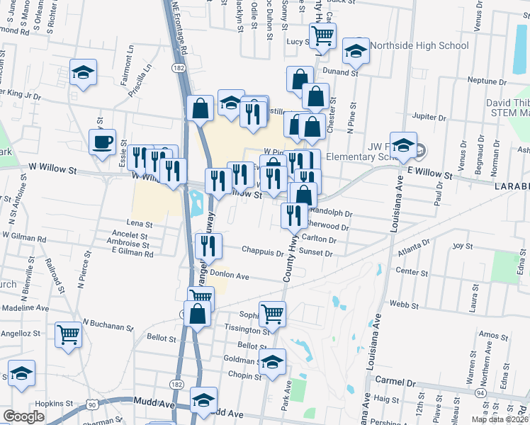 map of restaurants, bars, coffee shops, grocery stores, and more near 110 Blanchard St in Lafayette