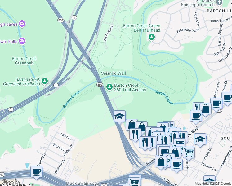 map of restaurants, bars, coffee shops, grocery stores, and more near 3755 South Capital of Texas Highway in Austin