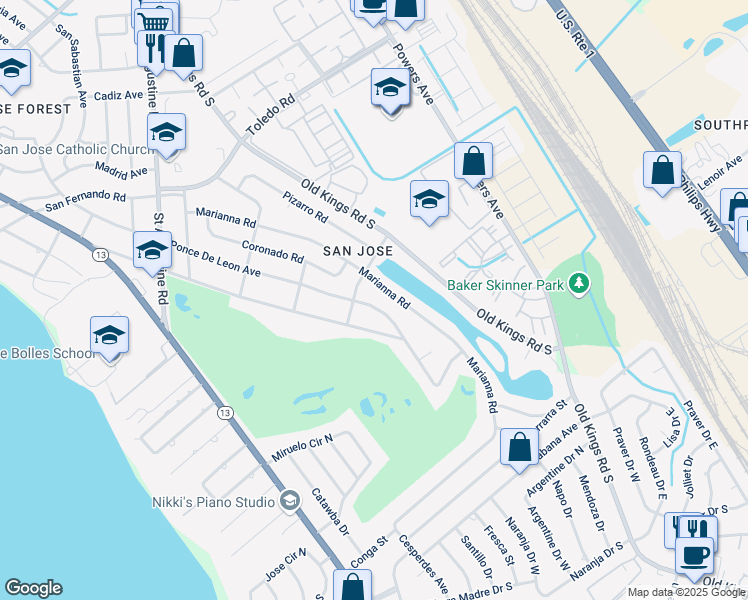 map of restaurants, bars, coffee shops, grocery stores, and more near 3923 Ponce De Leon Avenue in Jacksonville