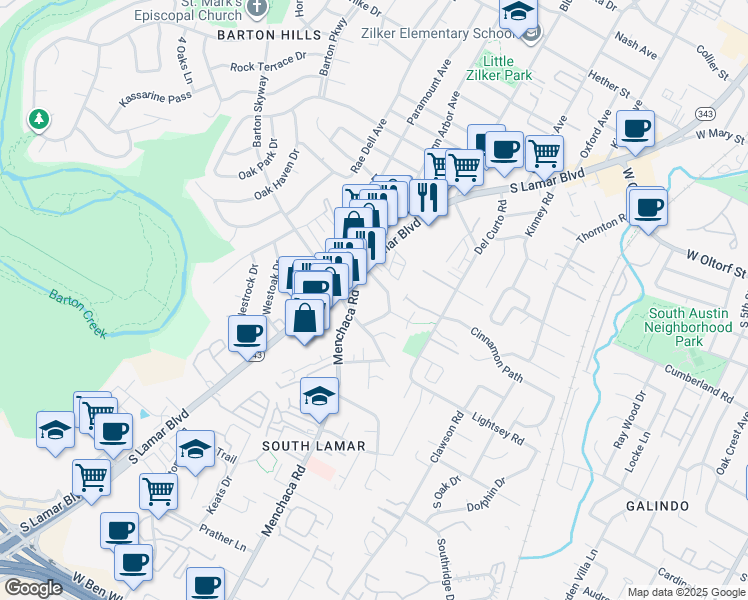 map of restaurants, bars, coffee shops, grocery stores, and more near 2717 South Lamar Boulevard in Austin