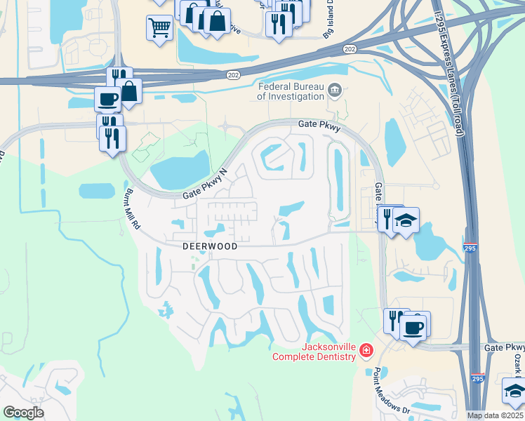 map of restaurants, bars, coffee shops, grocery stores, and more near 10961 Burnt Mill Road in Jacksonville