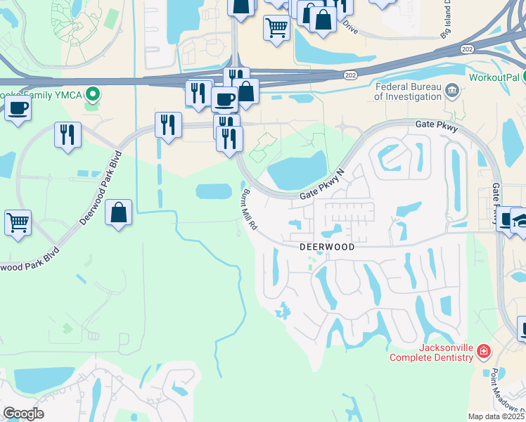 map of restaurants, bars, coffee shops, grocery stores, and more near 5116 Gate Parkway North in Jacksonville