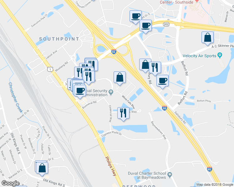 map of restaurants, bars, coffee shops, grocery stores, and more near 8200 White Falls Boulevard in Jacksonville