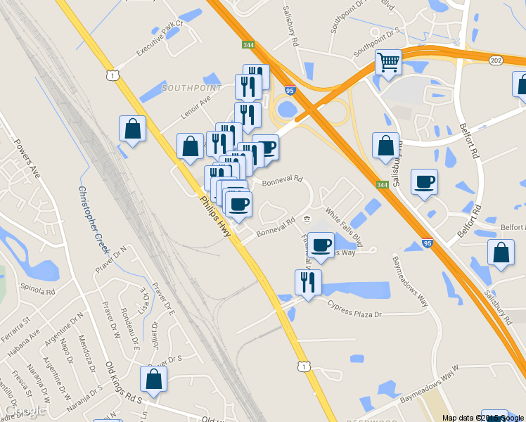 map of restaurants, bars, coffee shops, grocery stores, and more near 7226 Deerfoot Circle in Jacksonville