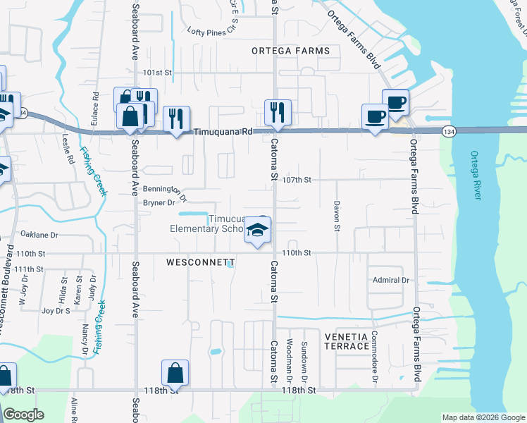 map of restaurants, bars, coffee shops, grocery stores, and more near 5416 Rosedale Lane in Jacksonville