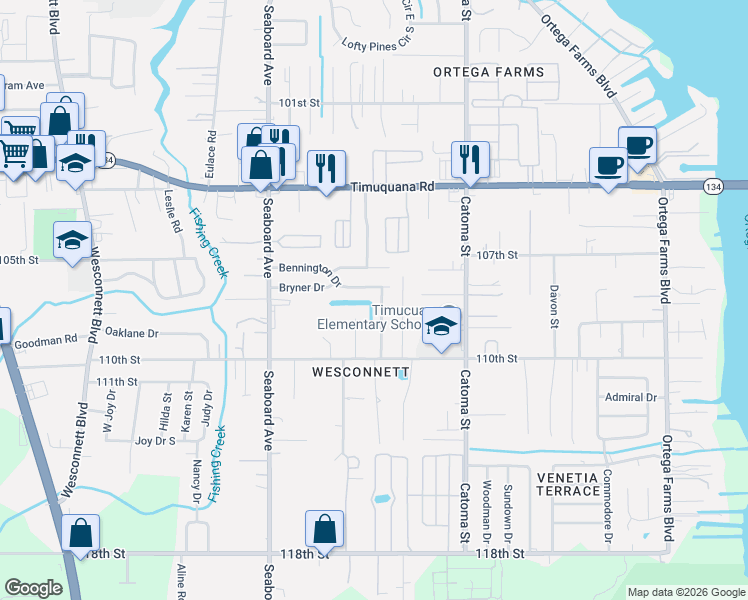 map of restaurants, bars, coffee shops, grocery stores, and more near 5820 Liska Drive in Jacksonville