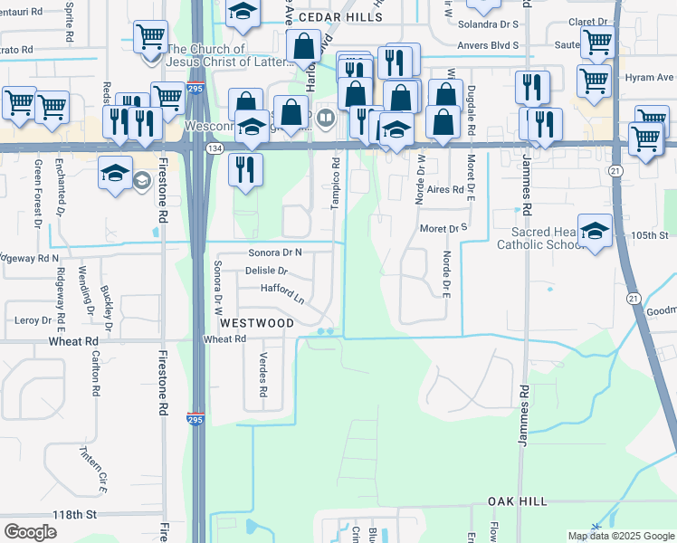 map of restaurants, bars, coffee shops, grocery stores, and more near 5823 Tampico Road in Jacksonville
