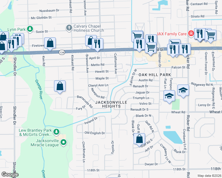map of restaurants, bars, coffee shops, grocery stores, and more near 8157 Galaxie Drive in Jacksonville