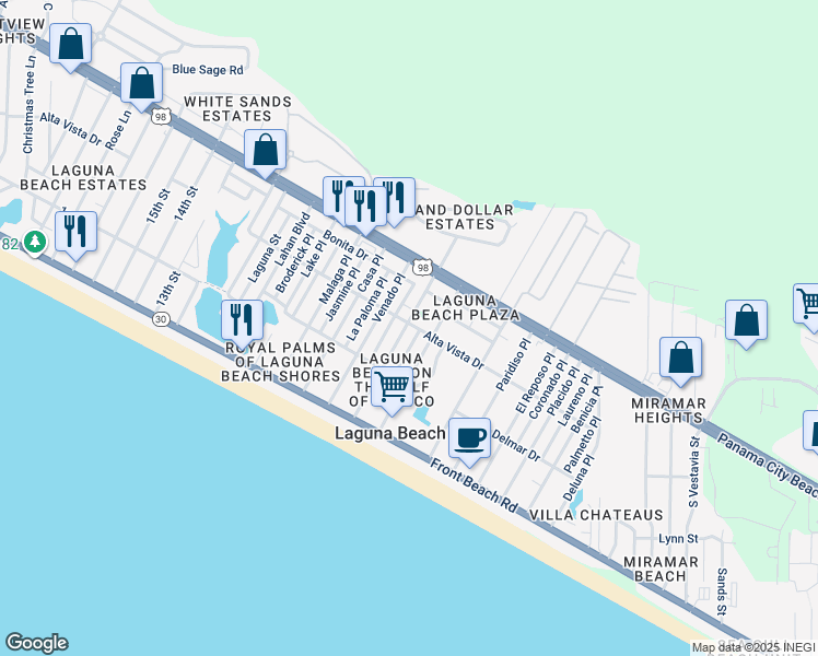 map of restaurants, bars, coffee shops, grocery stores, and more near 224 Corto Place in Panama City Beach