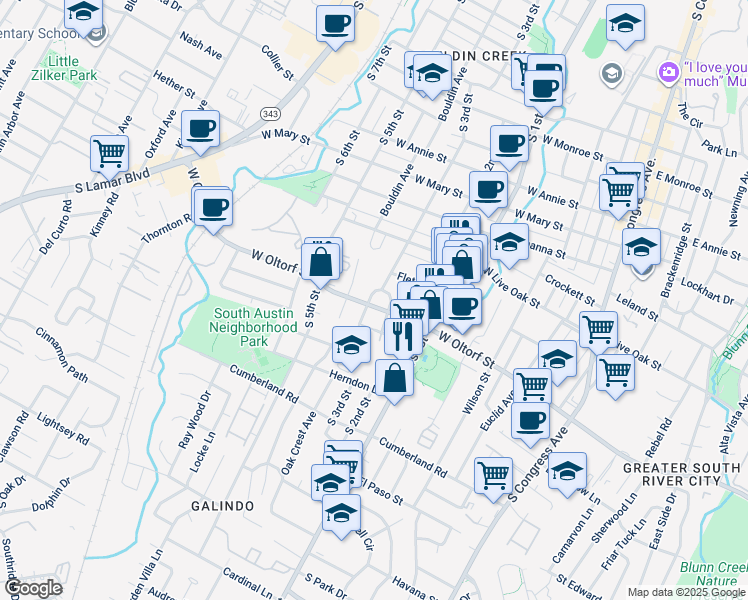 map of restaurants, bars, coffee shops, grocery stores, and more near 809 West Oltorf Street in Austin