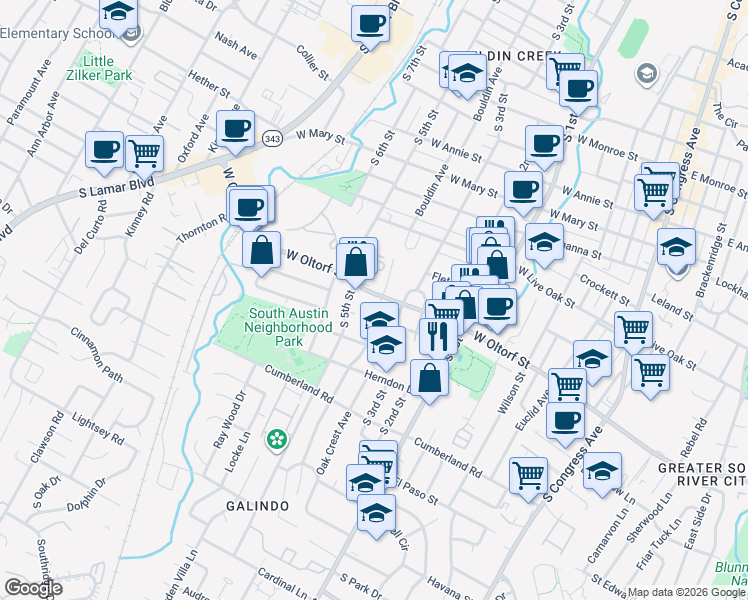 map of restaurants, bars, coffee shops, grocery stores, and more near 2402 South 4th Street in Austin