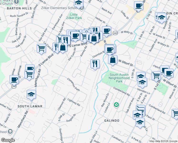 map of restaurants, bars, coffee shops, grocery stores, and more near 2509 Thornton Road in Austin