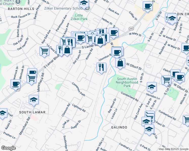 map of restaurants, bars, coffee shops, grocery stores, and more near 2509 Thornton Road in Austin