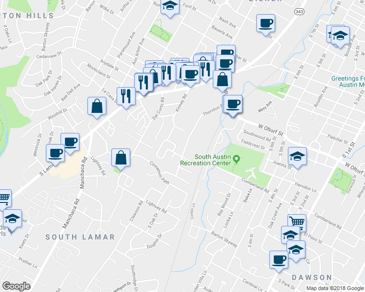 map of restaurants, bars, coffee shops, grocery stores, and more near 2509 Thornton Road in Austin