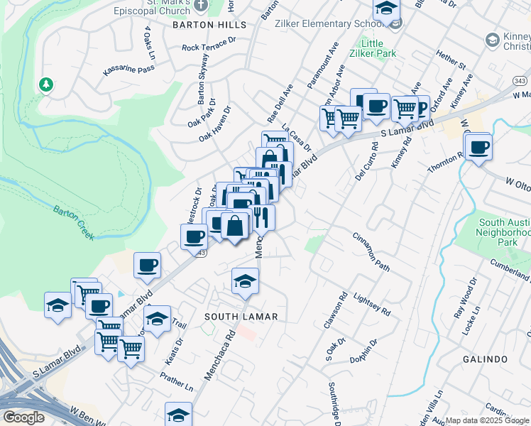 map of restaurants, bars, coffee shops, grocery stores, and more near 2903 Barton Skyway in Austin