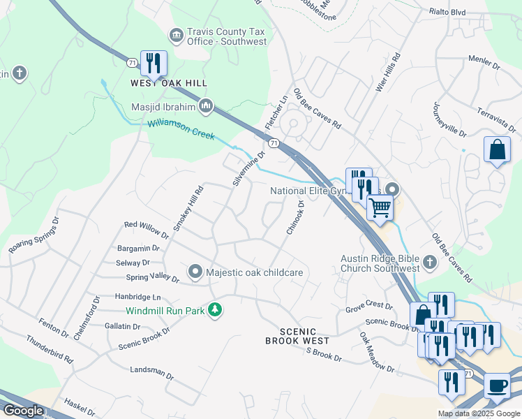 map of restaurants, bars, coffee shops, grocery stores, and more near 6907 Rifle Bend in Austin