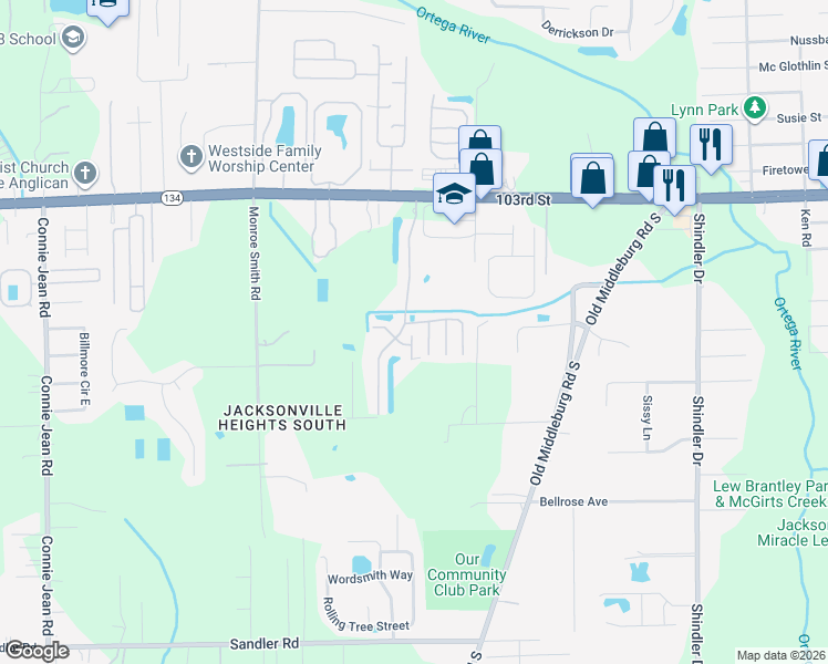 map of restaurants, bars, coffee shops, grocery stores, and more near 9380 103rd Street in Jacksonville