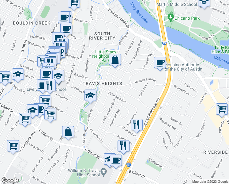 map of restaurants, bars, coffee shops, grocery stores, and more near 1706 Travis Heights Boulevard in Austin