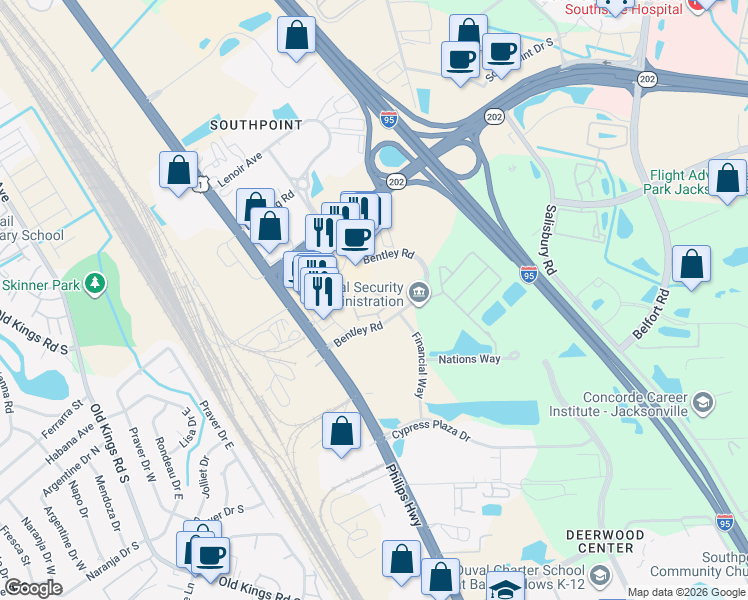 map of restaurants, bars, coffee shops, grocery stores, and more near 7175 Deerfoot Circle in Jacksonville
