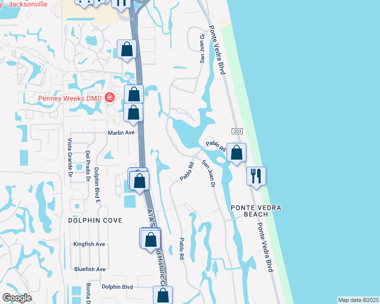 map of restaurants, bars, coffee shops, grocery stores, and more near 194 San Juan Drive in Ponte Vedra Beach