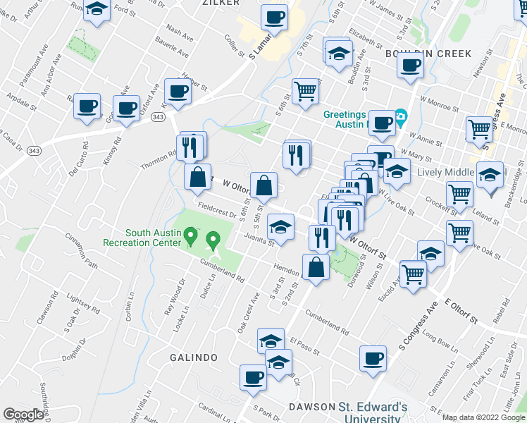 map of restaurants, bars, coffee shops, grocery stores, and more near 2407 South 5th Street in Austin
