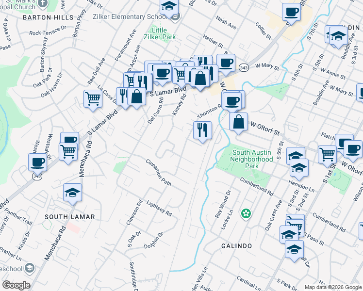 map of restaurants, bars, coffee shops, grocery stores, and more near 2509 Thornton Road in Austin