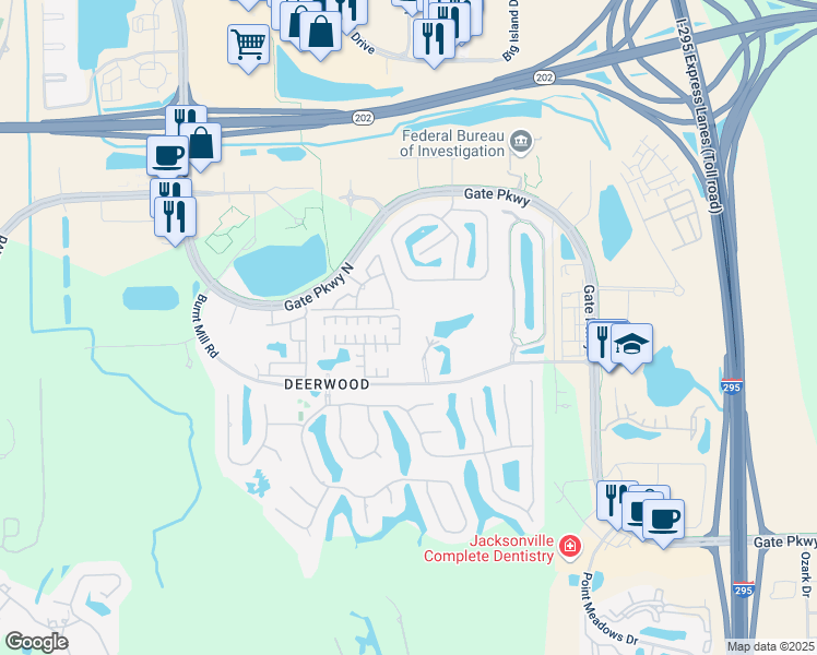 map of restaurants, bars, coffee shops, grocery stores, and more near 10961 Burnt Mill Road in Jacksonville