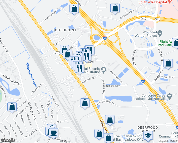 map of restaurants, bars, coffee shops, grocery stores, and more near 7217 Deerfoot Point Circle in Jacksonville