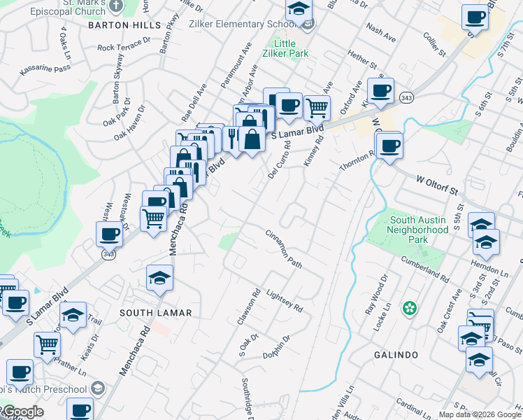 map of restaurants, bars, coffee shops, grocery stores, and more near 2706 1/2 Del Curto Road in Austin