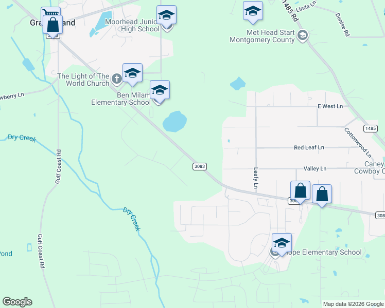map of restaurants, bars, coffee shops, grocery stores, and more near 16647 Farm to Market Road 3083 in Conroe