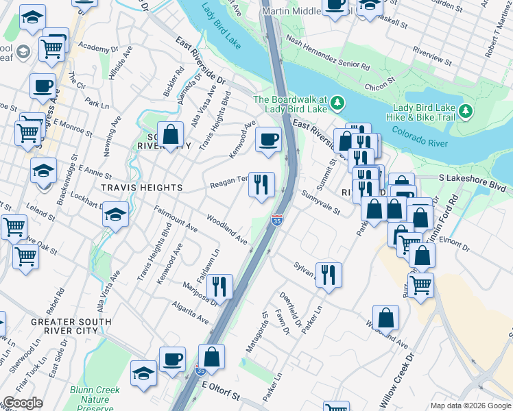 map of restaurants, bars, coffee shops, grocery stores, and more near 1524 Interstate 35 in Austin